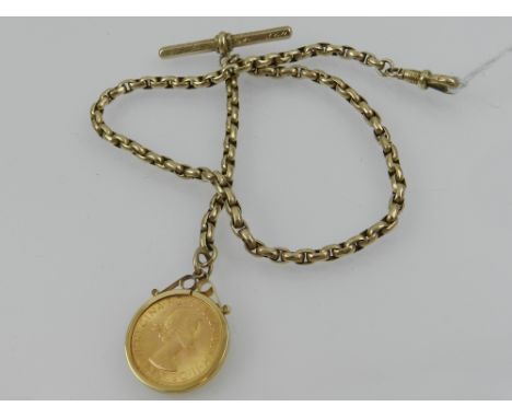 An early 20th Century yellow metal belcher link watch chain with engraved bar hung with a brooch mounted 1968 sovereign, tota