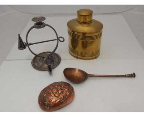 A 19th century silver plated on copper Wax Jack, together with an embossed copper snuff box, a copper seal end spoon and a br