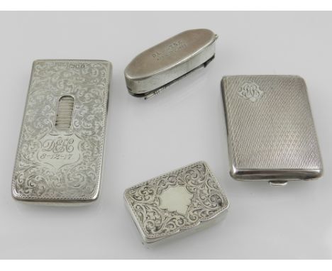 A Victorian silver card case, foliate engraved with hinged lid and sliding mechanism, London 1902, H. 8cm, together with a Ge