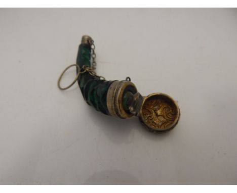 A Victorian silver mounted green glass cornucopia scent bottle, chain hung with original stopper, l:7cm