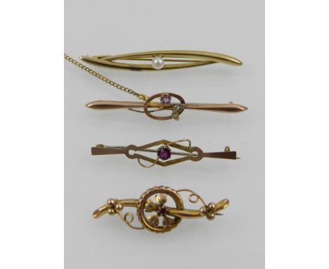 A yellow metal and pearl bar brooch, indistinctly stamped, together with a yellow metal, amethyst and seed pearl bar brooch, 