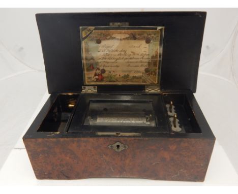 A late 19th century Swiss music box, birds eye maple cased, the 9.5 cm brass barrell playing six airs, paper label marked Pic