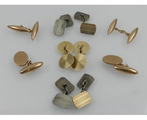 Three pairs of 9ct yellow gold chain cufflinks (15.5grams) together with two pairs of silver cufflinks