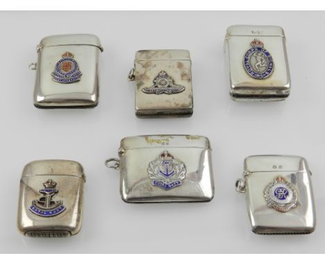 Six silver vesta cases of rectangular form and hinged tops with enamel and embossed military motifs including two Royal Navy 