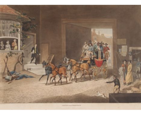 After James Pollard, coloured print "Arrival of the stage coach"; and another similar, "Stage coach", (2)