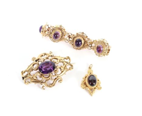 A 9 carat gold amethyst and seed pearl set bracelet, with filigree work decoration; a yellow metal and amethyst scroll brooch