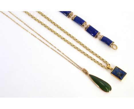 A 9 carat gold necklace, hung with yellow metal pendant set blue stone; a 9 carat gold jade pendant hung to a yellow metal ch