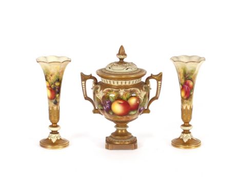 A Royal Worcester baluster shaped pot pourri vase and cover, having painted panel decoration of fruit by E. Townsend, heighte