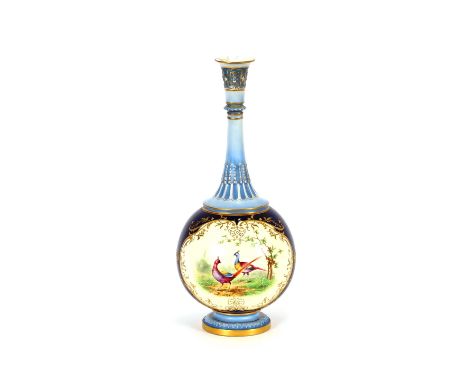 A Royal Worcester vase, having painted panels of pheasants on a deep blue and cream ground, the elongated flared neck with st
