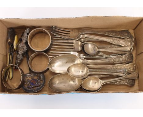 Five Victorian silver Kings pattern dessert forks; and four silver Kings pattern dessert spoons, (various dates); three silve