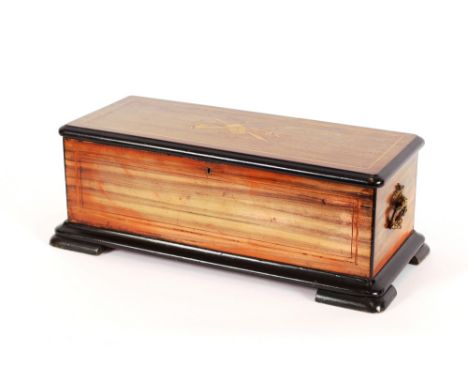 A 19th Century Swiss music box, the rosewood inlaid case decorated with music instruments playing eight airs, retailed by Wil