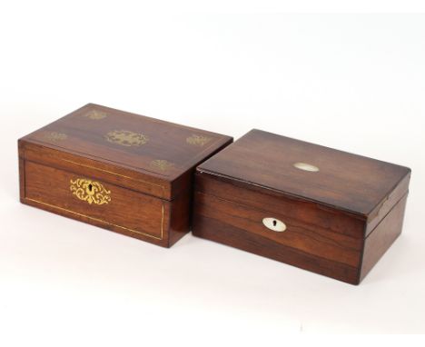 A Victorian walnut trinket box, with brass inlaid decoration, 28cm wide; and another with mother of pearl inlay, 27.5cm wide,