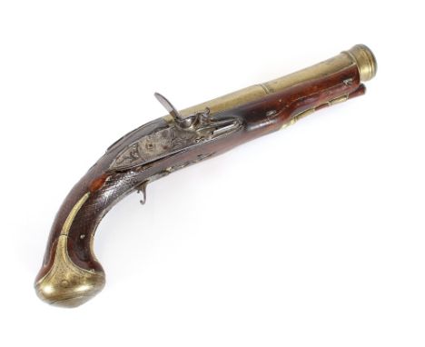 An Antique flintlock pistol, by Richards, Strand, London, brass cannon shaped barrel and engraved steel lock, fitted integral