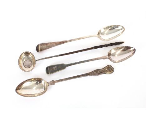 A Georgian silver toddy ladle, with whalebone twist handle; and three various plated serving spoons