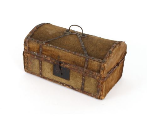 An Antique deer skin covered trunk, fitted with iron handle and hasp, leather and studded decoration, 36cm