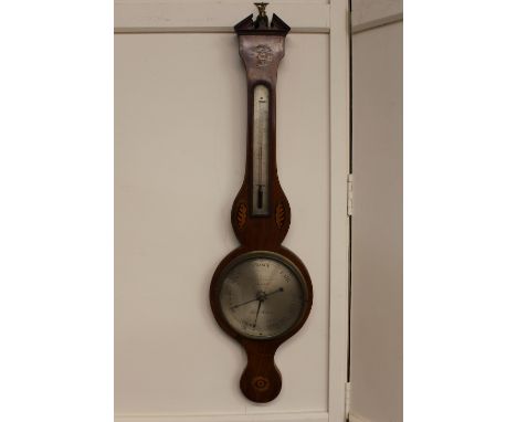 A 19th Century mahogany and inlaid banjo barometer, by Toynoni & Vanoni of Shepton Mallett, having conch shell and floral inl