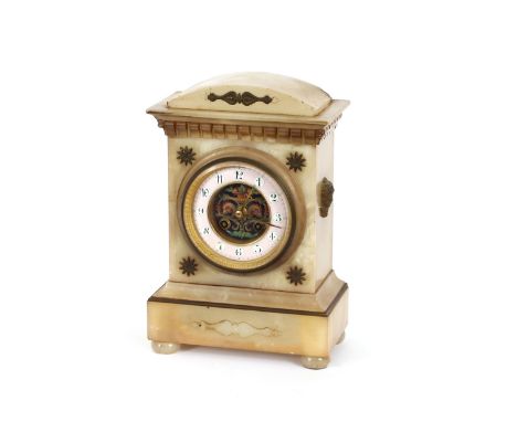 A 19th Century French marble and enamel decorated mantel clock, with applied gilt metal embellishments, the circular dial sup