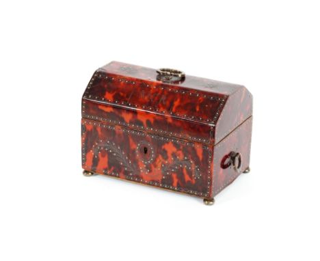A Regency scarlet tortoise shell and yellow metal mounted tea caddy, interior converted, the domed panelled lid initialed "MC