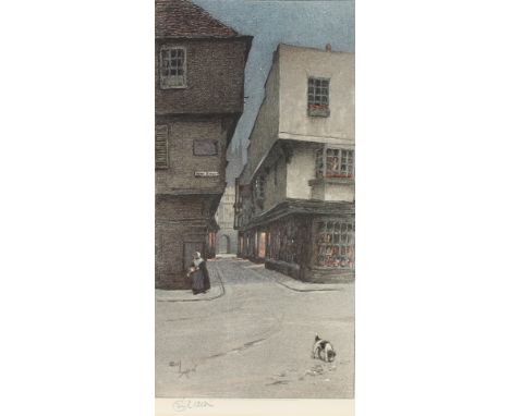 Cecil Aldin, pencil signed coloured print depicting lady and dog in an evening street, back stamp to margin, 54cm x 28cm