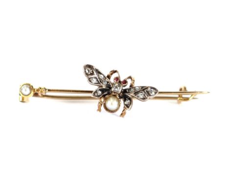 An early 20th Century yellow metal bar brooch, decorated with a pearl and white stone set bee