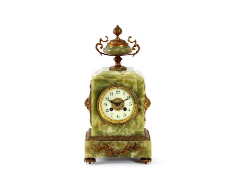 A 19th Century French green marble and gilt metal mounted mantel clock, decorated with a central urn and applied foliage, cir