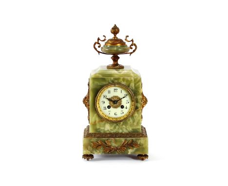 A 19th Century French green marble and gilt metal mounted mantel clock, decorated with a central urn and applied foliage, cir