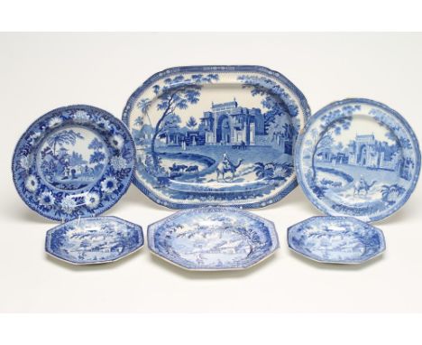 A PAIR OF BRAMELD PEARLWARE "RETURNING WOODMAN" PATTERN BLUE AND WHITE TEA PLATES, 7" diameter, together with a matching larg