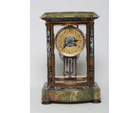 A FRENCH FOUR GLASS MANTEL CLOCK by Marli et Cie, 20th century, the twin barrel movement with mercury pendulum striking on a 