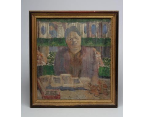 ENGLISH SCHOOL BLOOMSBURY STYLE (Early 20th Century), Portrait of a Shopkeeper, oil on canvas, unsigned, 20" x 18", gilt fram