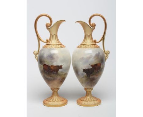 A PAIR OF ROYAL WORCESTER EWERS, c.1904, of ovoid pedestal form with high loop handles, painted by John Stinton with Highland