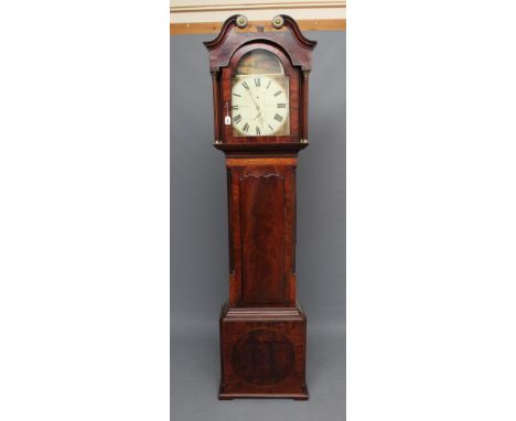 A MAHOGANY LONGCASE, signed Brooksbank, Bradford, the thirty hour movement with anchor escapement striking on a bell, 12" arc