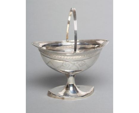 A LATE GEORGE III IRISH SILVER SUGAR BASKET, maker possibly George West, Dublin 1795, the navette bowl engraved with two vaca