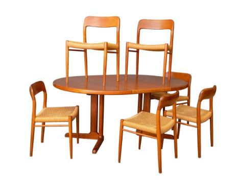 NIELS OTTO MOLLER FOR J.L. MOLLER MOBELFABRIK, a set of six teak framed "75 Edition" dining chairs with arched open back, pap