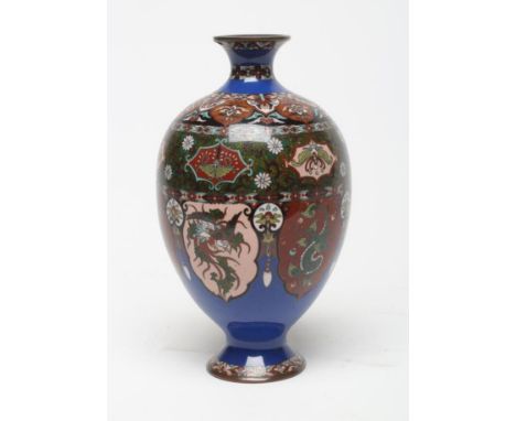 A CHINESE CLOISONNE ENAMEL VASE of ovoid form with aventurine and pale pink minaret panels enclosing dragons and other beasts