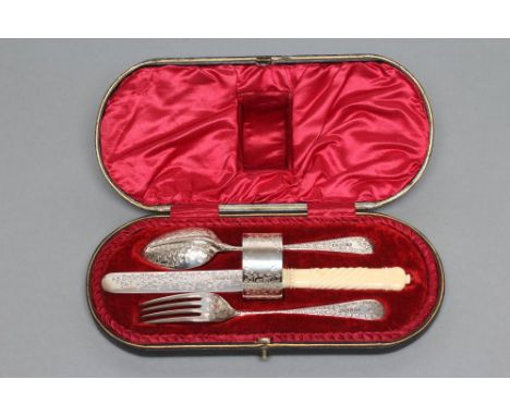 A LATE VICTORIAN SILVER FOUR PIECE CHRISTENING SET, maker's mark JR, Sheffield 1900, all with bright cut ivy leaves, comprisi