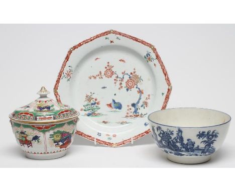 A BOW PORCELAIN QUAIL PATTERN OCTAGONAL PLATE, c.1755, painted in the Kakeimon palette, 9 3/4" wide, together with a Worceste