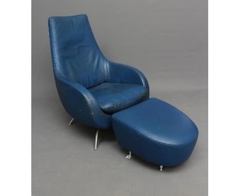 A ROLF BENZ BLUE LEATHER SWIVEL ARMCHAIR, the tapering back with straight top rail, downswept arms, zip on cushion, on down c