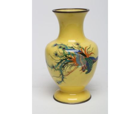 A JAPANESE CLOISONNE ENAMEL VASE, modern, of baluster form decorated in colours with an exotic bird on a bright yellow ground