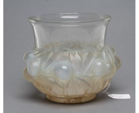 A LALIQUE PALE BLUE OPALESCENT GLASS PRUNES PATTERN VASE, engraved R. LALIQUE, FRANCE, 7" high (Est. plus 21% premium inc. VA