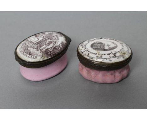 A GEORGIAN ENAMEL ON COPPER OVAL PATCH BOX, on-glaze printed in black with "Bind me fast or set me free, Give me love or Libe