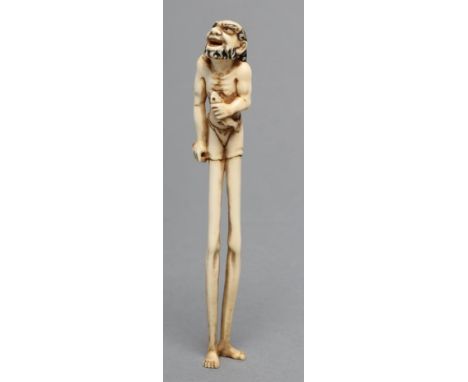 A JAPANESE IVORY OKIMONO NETSUKE, Meiji period, of Ashinaga holding a fish in his left hand and a coral branch in his right, 