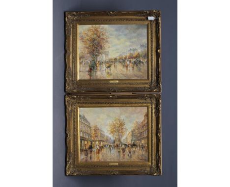 MORGAN JOHN RENDELL (British 20th Century), Parisian Street Scenes, a pair, oil on board, signed, 16" x 20", gilt frames (Est