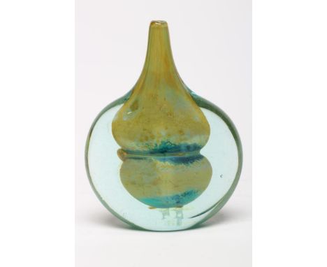 A M'DINA GLASS AXE-HEAD VASE of typical form with yellow and blue shaped interior to a green body, etched mark, 6 1/2" high (
