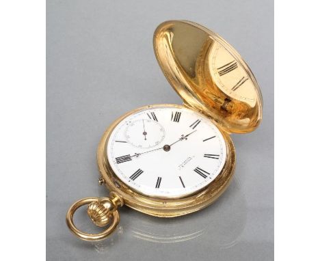 AN 18K GOLD TOP WIND HUNTER POCKET WATCH, maker E. Berger & Co., Yokohama, the white enamel dial signed "Yocohama"(sic) with 