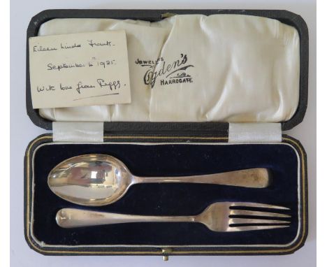 A Cased George V Silver Christening Spoon and Fork, Sheffield 1925, Martin Hall &amp; Co Ltd., 48g 