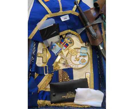 A Collection of Masonic Paraphernalia including 'jewels', sash, apron, and A. Fenwick dress sword with scabbard and carrying 