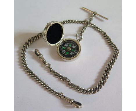 A Light Silver Albert with T-Bar and modern compass fob, 26g 