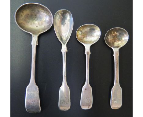 A Victorian Silver Ladle Exeter 1859 J.S and three silver salt/mustard spoons, 63g 