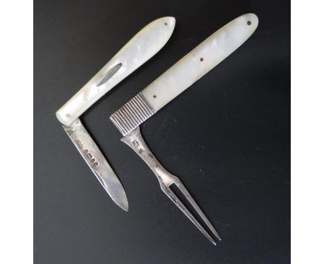 A Georgian Silver and Mother of Pear Folding Two Pronged Fork and Victorian and MOP fruit knife 
