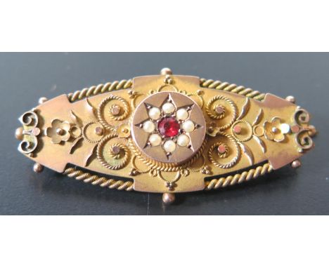 A 9ct Gold, Ruby and Pearl Brooch, 4.6g 